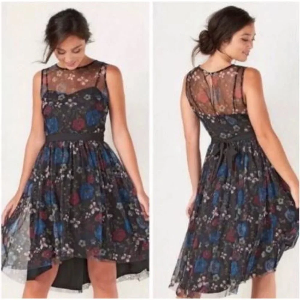 Lauren Conrad x Disney Size 10 Dress Tulle Overlay Fit Flare Midi Hi Lo Floral - Picture 15 of 15